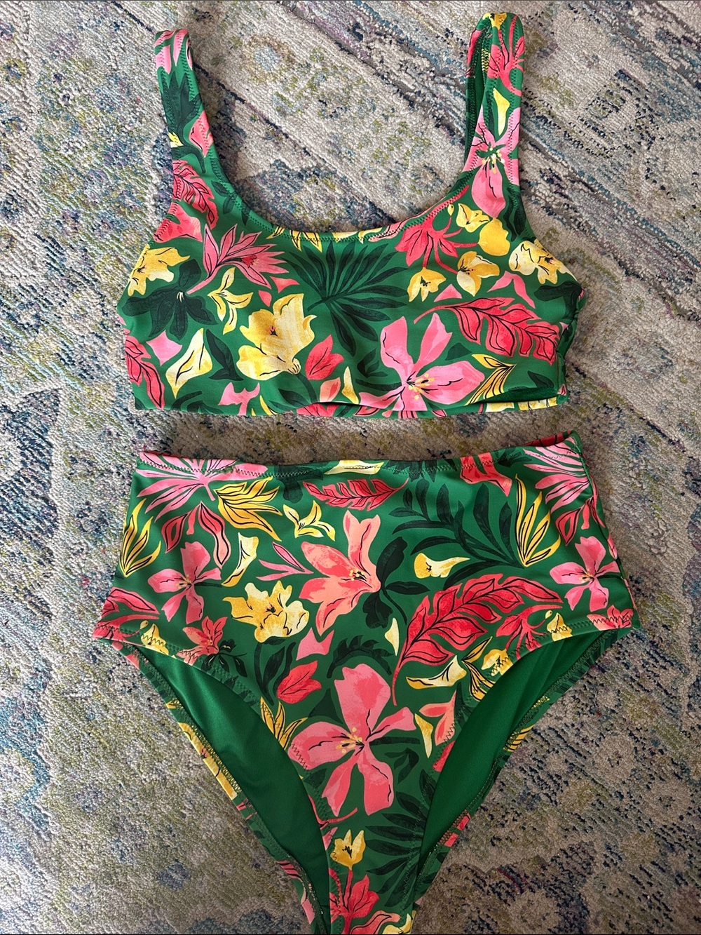 Old Navy Green Floral High-Waist Bikini Swimsuit - Size S